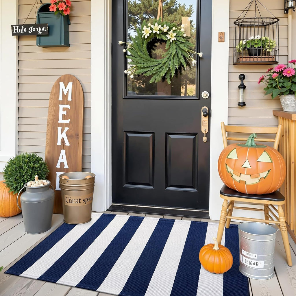 OLANLY Striped Rug - Navy & White Washable Cotton Doormat | 2'4" x 3'7" for Indoor & Outdoor Use