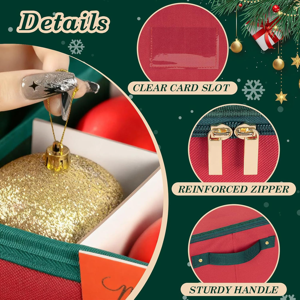 Skiennix Christmas Ornament Storage Box - Adjustable Dividers & Zippered Top | Holds 64 Ornaments (3 Inch)