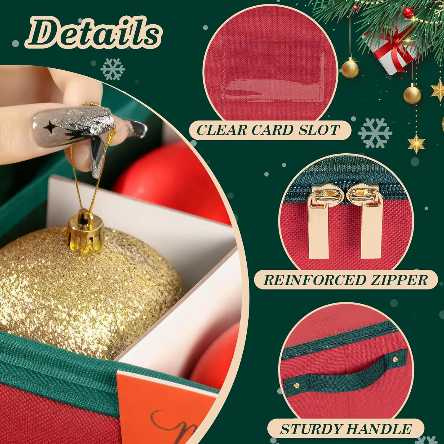 Skiennix Christmas Ornament Storage Box - Adjustable Dividers & Zippered Top | Holds 64 Ornaments (3 Inch)