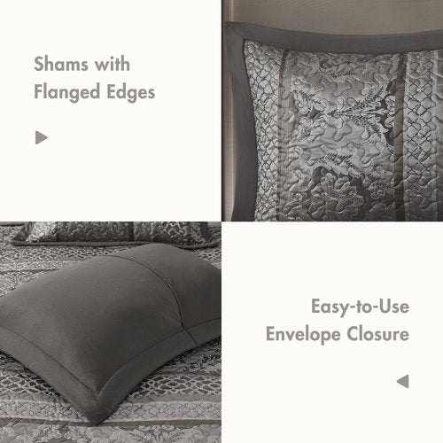 Madison Park Traditional Damask Design All Season, Lightweight Coverlet Bedspread Bedding Set, Matching Shams, Pillows, (120"x118"), Bellagio, Jacquard Grey, 5 Piece