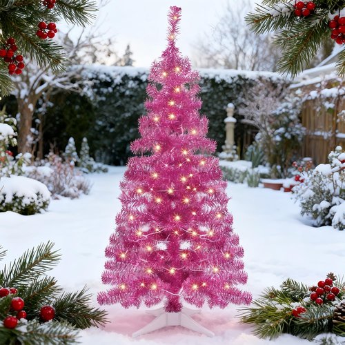 Juegoal Pink Artificial Tree, 4 FT Pre-lit Christmas Tree, Lighted Tinsel Pencil Pine Spruce Trees with Warm White Lights, 8 Lighting Mode Battery Powered for Xmas Holiday Winter Home Party Decor
