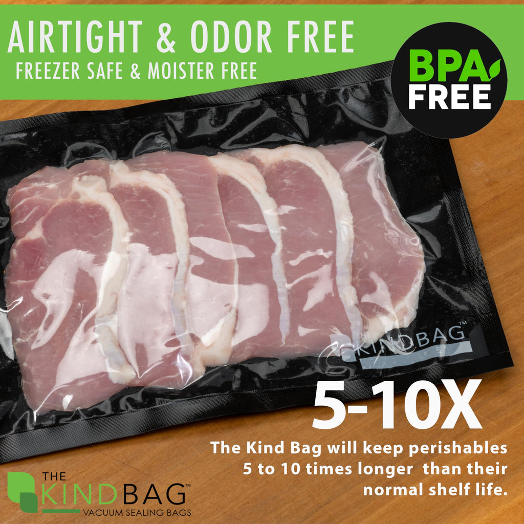 The Kind Bag Vacuum Seal Bags for Food; Food Grade, BPA Free & Freezer Safe; Airtight, Odor Free and Moisture Free; Commercial Grade 5mil Clear & Black; 11.5x24 inch Pre Cut Bags (100 ct)