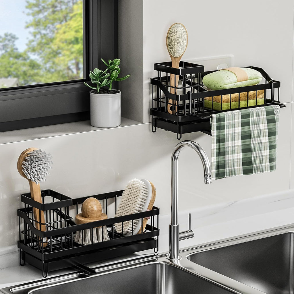 Skiennix Kitchen Sink Caddy Organizer - Rustproof Sponge Holder with Brush & Soap Dispenser | Multi-Functional Bath Storage