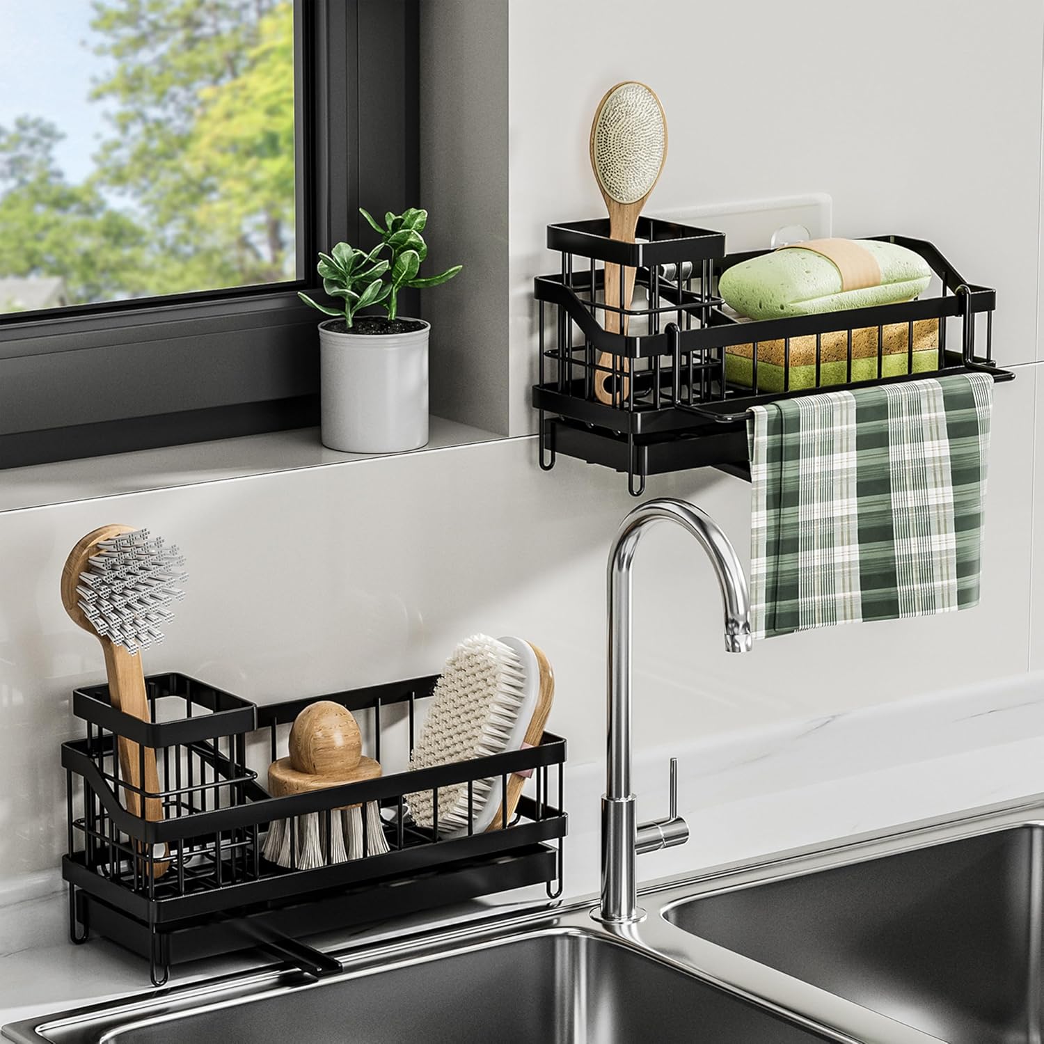 Skiennix Kitchen Sink Caddy Organizer - Rustproof Sponge Holder with Brush & Soap Dispenser | Multi-Functional Bath Storage