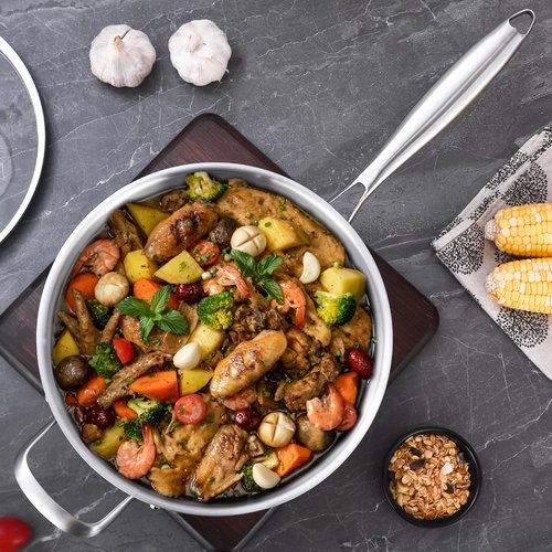 LOLYKITCH 7 QT Tri-Ply Stainless Steel Sauté Pan with Lid,12 Inch Deep Frying pan,Large Skillet,Jumbo Cooker,Induction Cooking Pan,Oven Safe and Detachable Handle.