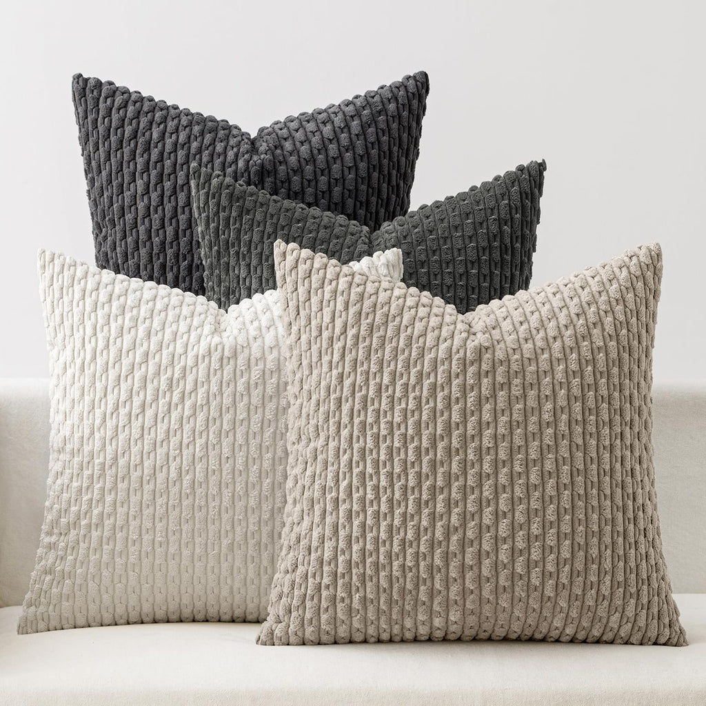 MIULEE Decorative Throw Pillow Covers - Neutral Grey Striped Design | Set of 4, 18x18 Inch Soft Corduroy for Modern Home Decor