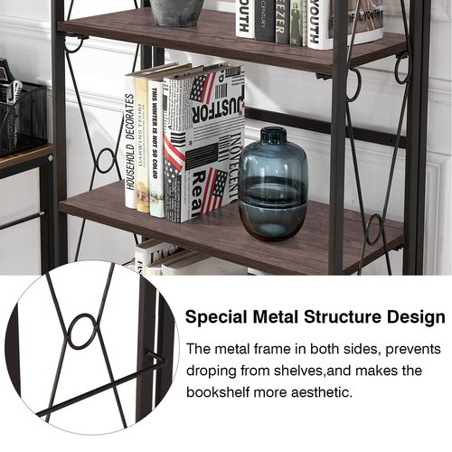 VECELO Folding Bookshelf, 5 Shelf Folding Bookcase No Assembly, Industrial Metal Freestanding Shelves Rack Organizer for Living Room, Office, Bedroom, Kitchen
