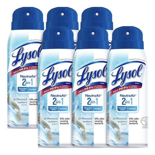 Lysol Neutra Air 2 in 1, Disinfectant Spray, Eliminates Odor, Driftwood Waters, 6 Pack (6x10 oz), Air Freshener
