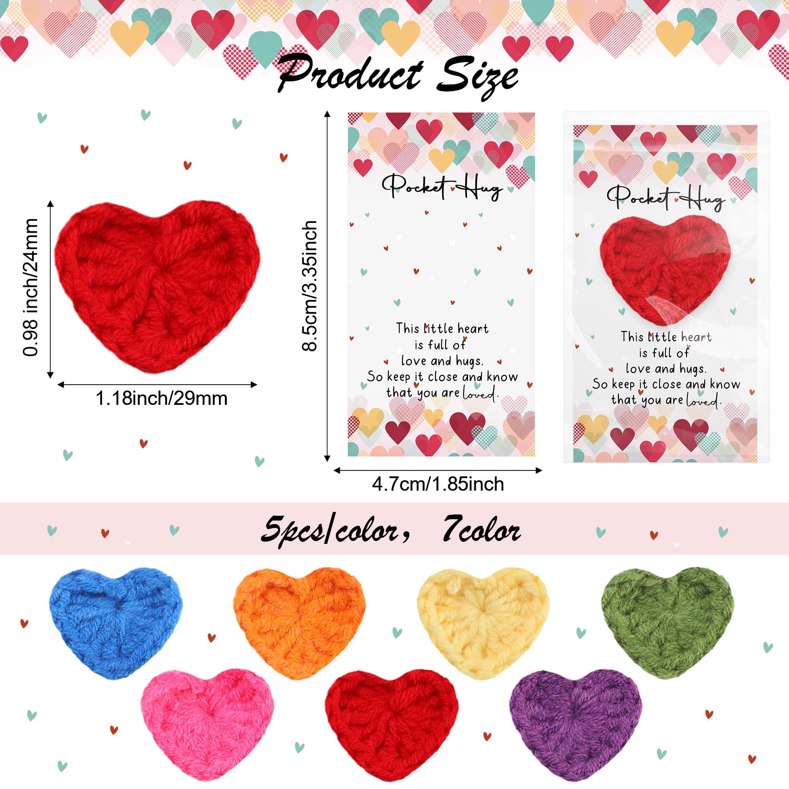 Mindsoft 35 Sets Emotional Cheer Support Gift Bulk Cute Hand Crocheted Pocket Hug Heart Inspirational Cards and Bags Party Favor for Preschool Toddler Boy Girls