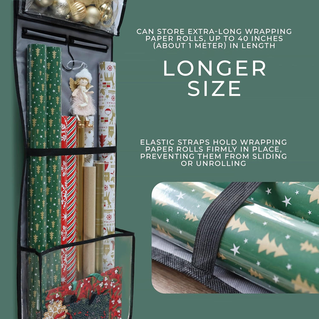 Wrapping Paper Organizer - 63" Double-Sided Vertical Gift Wrap Holder with 4 Zipper Bags & Hooks | Space-Saving Storage for Rolls & Ribbons