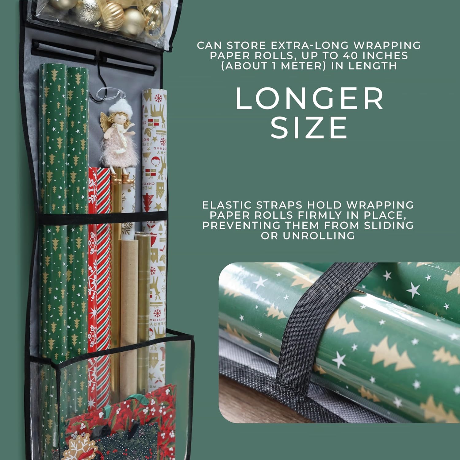 Wrapping Paper Organizer - 63" Double-Sided Vertical Gift Wrap Holder with 4 Zipper Bags & Hooks | Space-Saving Storage for Rolls & Ribbons