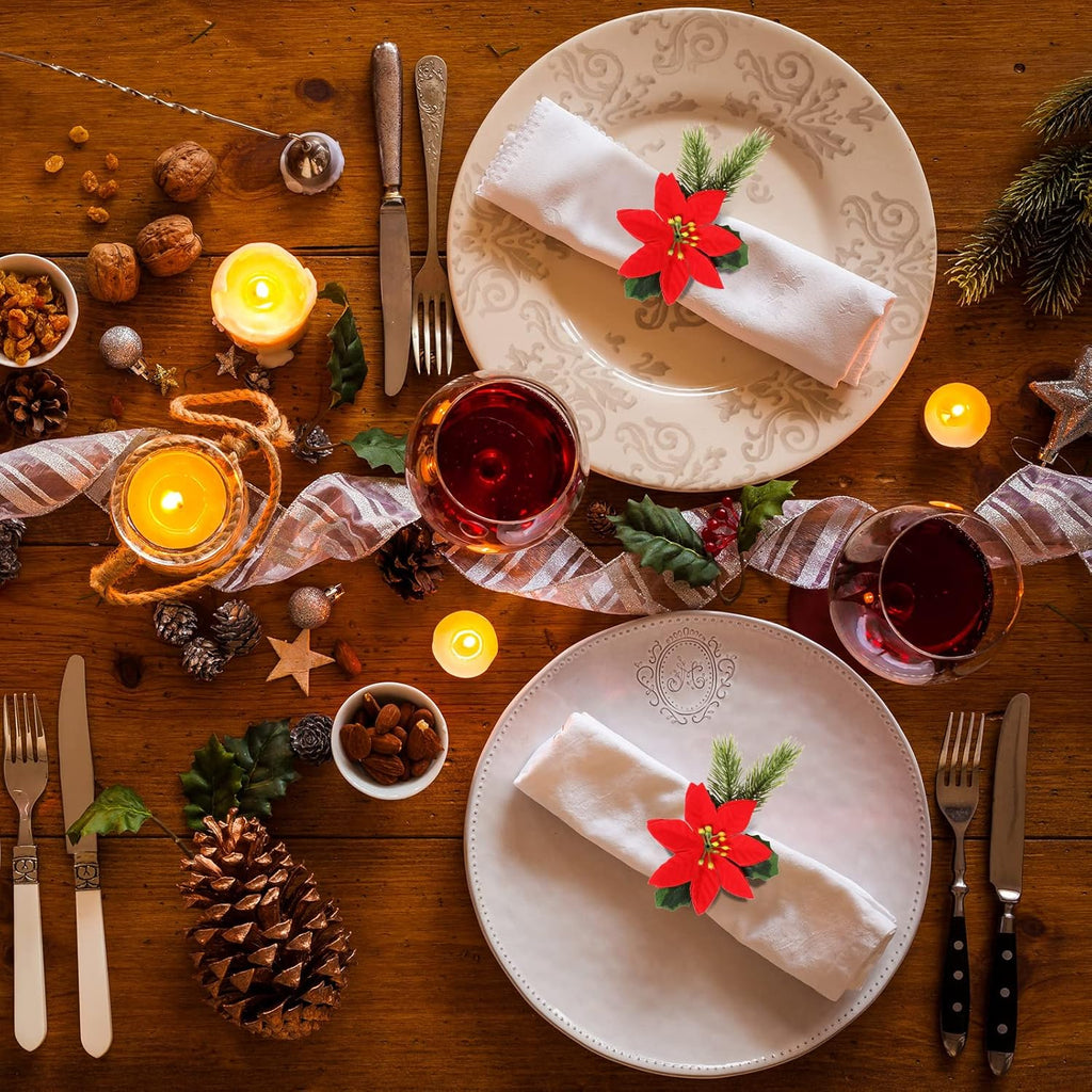 Skiennix Christmas Napkin Rings - 6-Piece Rustic Pine Cone & Poinsettia Set for Holiday Decor