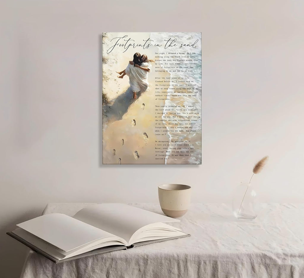 Regine Switzerland Footprints in the Sand Canvas Wall Art - Inspirational Jesus & Woman Beach Scene | 12x16in Framed Decor