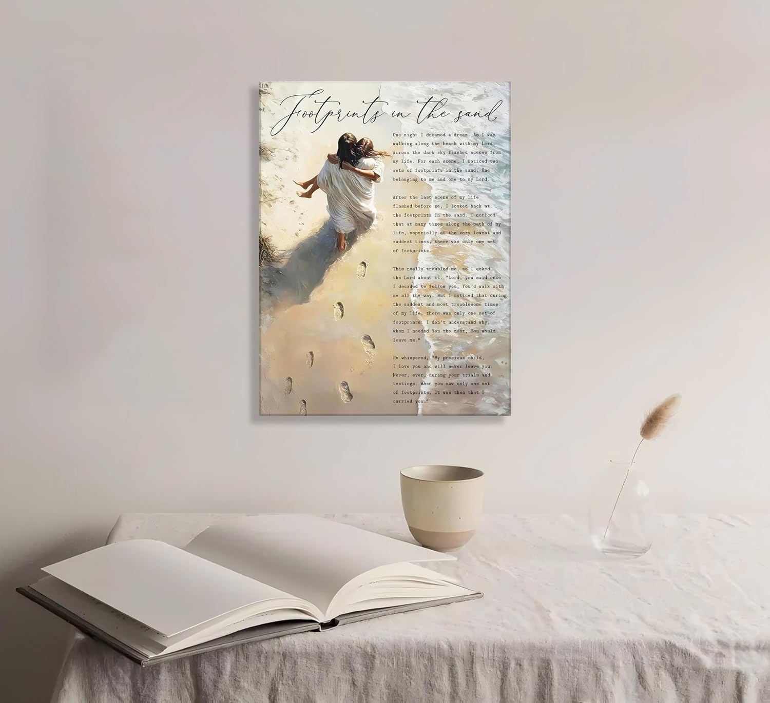 Regine Switzerland Footprints in the Sand Canvas Wall Art - Inspirational Jesus & Woman Beach Scene | 12x16in Framed Decor