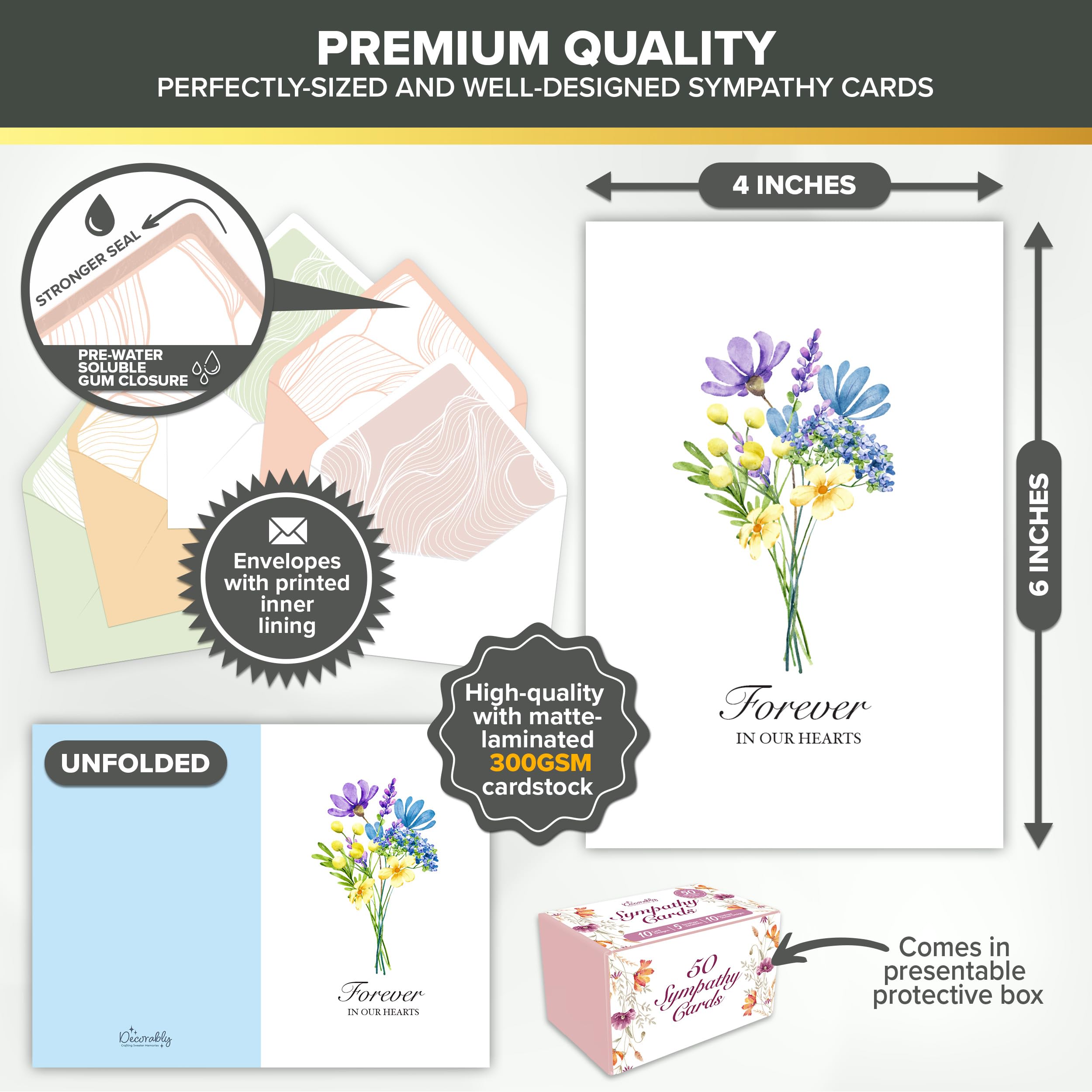 Decorably 50 Pack 4x6in Bulk Sympathy Cards with Envelopes & Stickers, 10 Folded Floral Designs with Printed Message Inside - Burial, Grief, Bereavement, Loss of Loved Ones