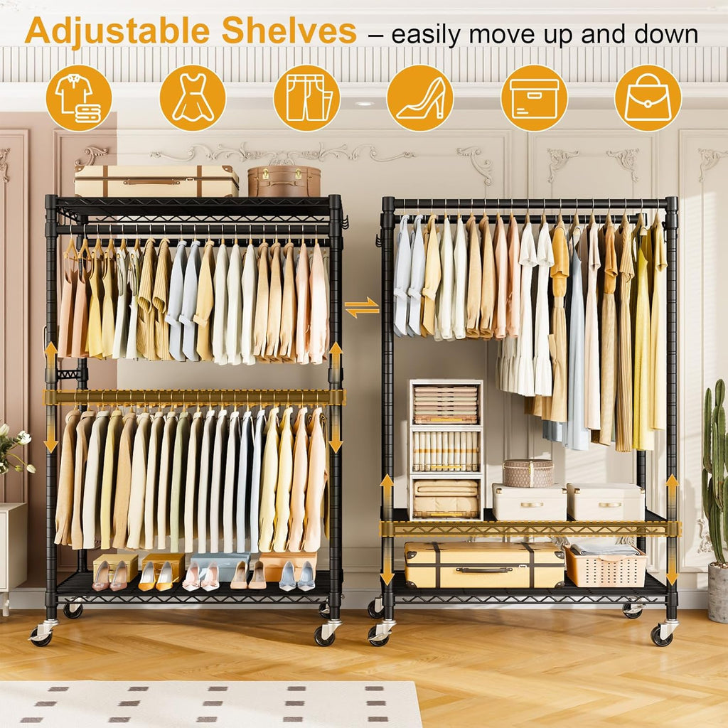ULIFHOME Heavy Duty Rolling Clothes Rack - Portable Free Standing Garment Rack with Wheels, Black 45"W × 20.5"D × 80.5"H, Max Load 570 lbs
