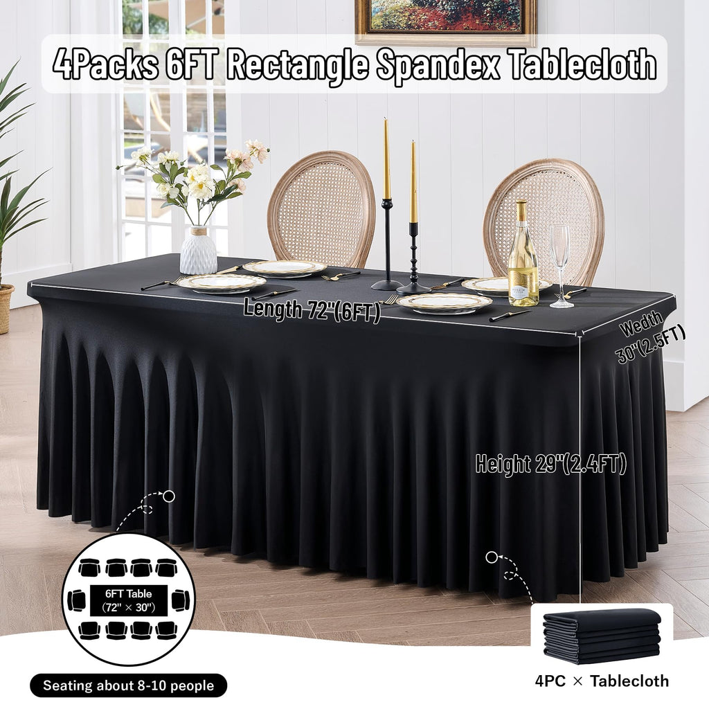 leegleri 4 Pack Black Spandex Table Cloths for 6 Foot Rectangle Tables, Wrinkle Free Stretch Fitted Tablecloths 6ft, Black Banquet Tablecloth with Skirt for Parties Weddings Birthday
