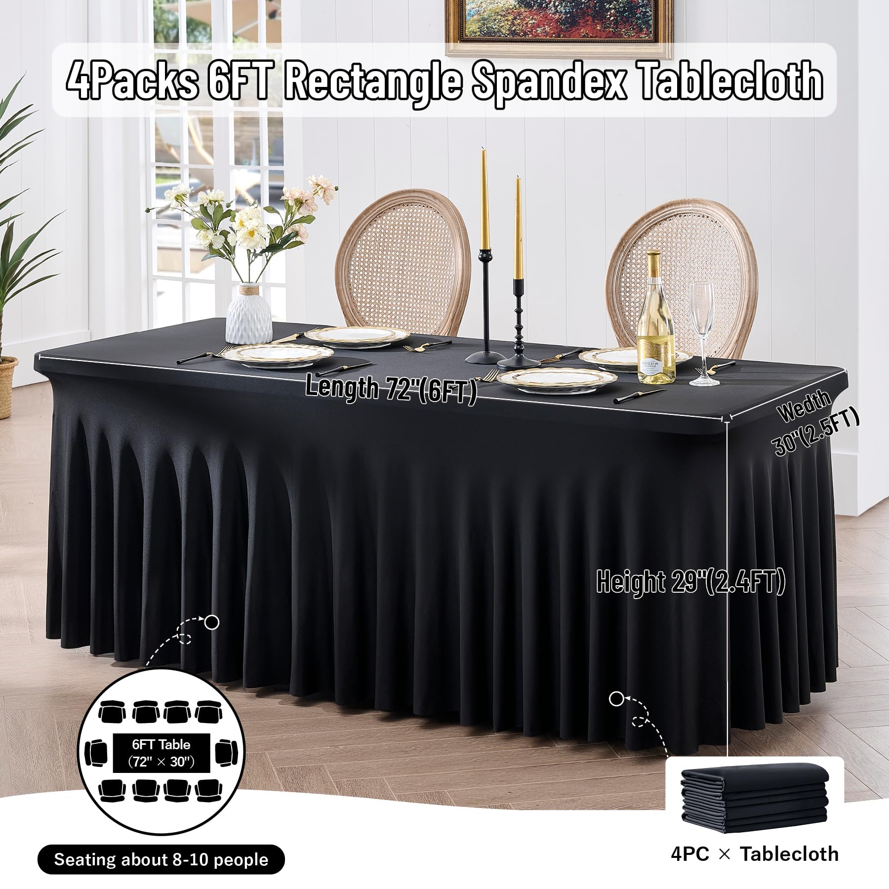 leegleri 4 Pack Black Spandex Table Cloths for 6 Foot Rectangle Tables, Wrinkle Free Stretch Fitted Tablecloths 6ft, Black Banquet Tablecloth with Skirt for Parties Weddings Birthday