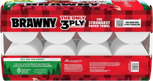 Brawny 3-Ply Paper Towels - Strong & Absorbent Tear-A-Square | 8 Triple Rolls (24 Regular Rolls)
