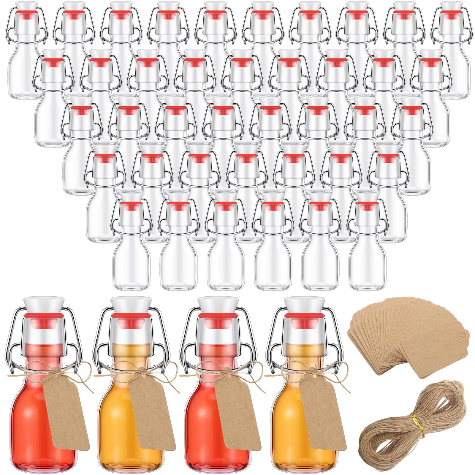 Queekay Mini Flip Top Glass Bottle, 2 oz, 50 Pcs Set, Decorative Bottles for Wedding Party Favors, Clear, with Kraft Paper Tags and Jute Rope