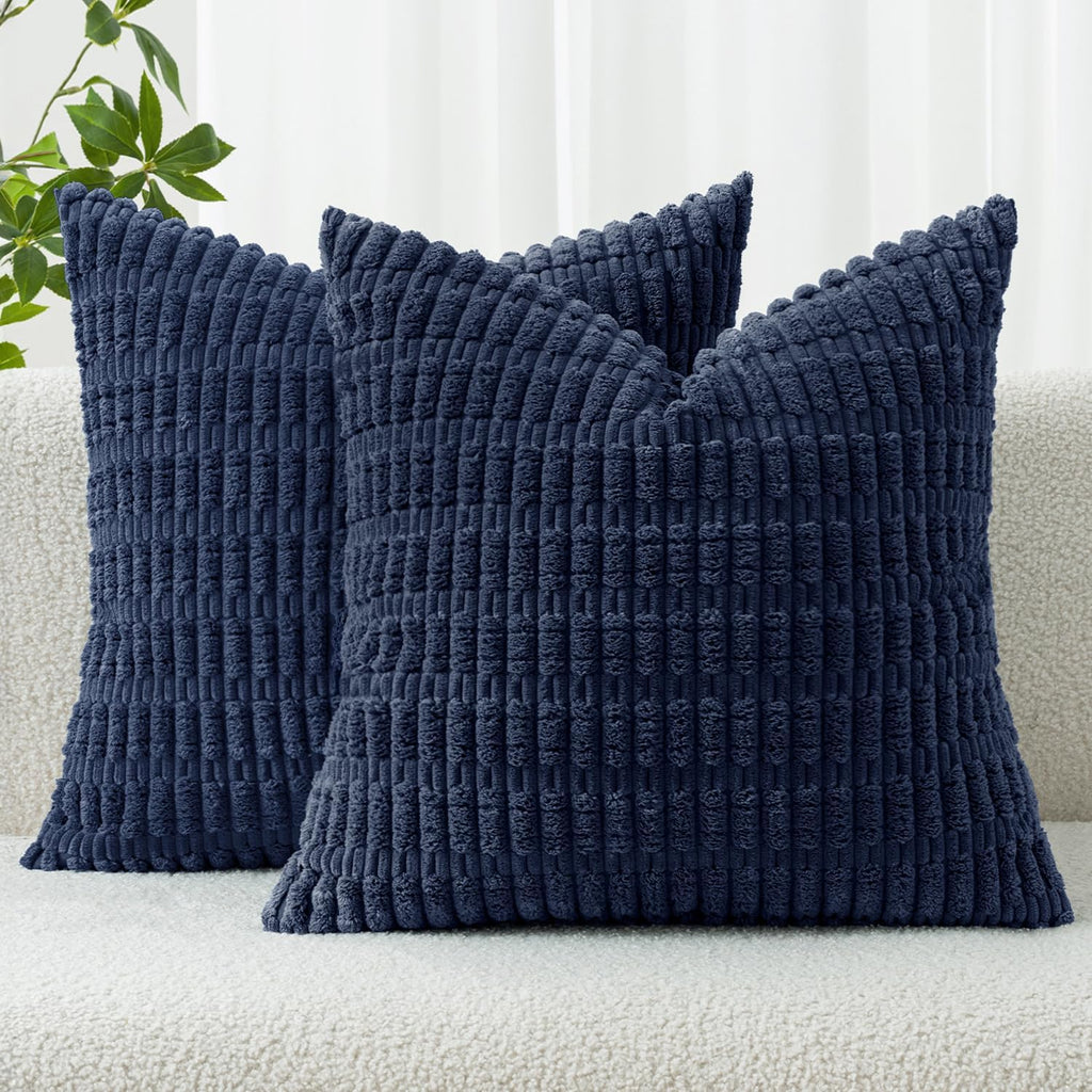 MIULEE Euro Sham Pillow Covers - Soft Corduroy Boho Striped Design | 24x24 Inch Dark Blue for Modern Home Decor