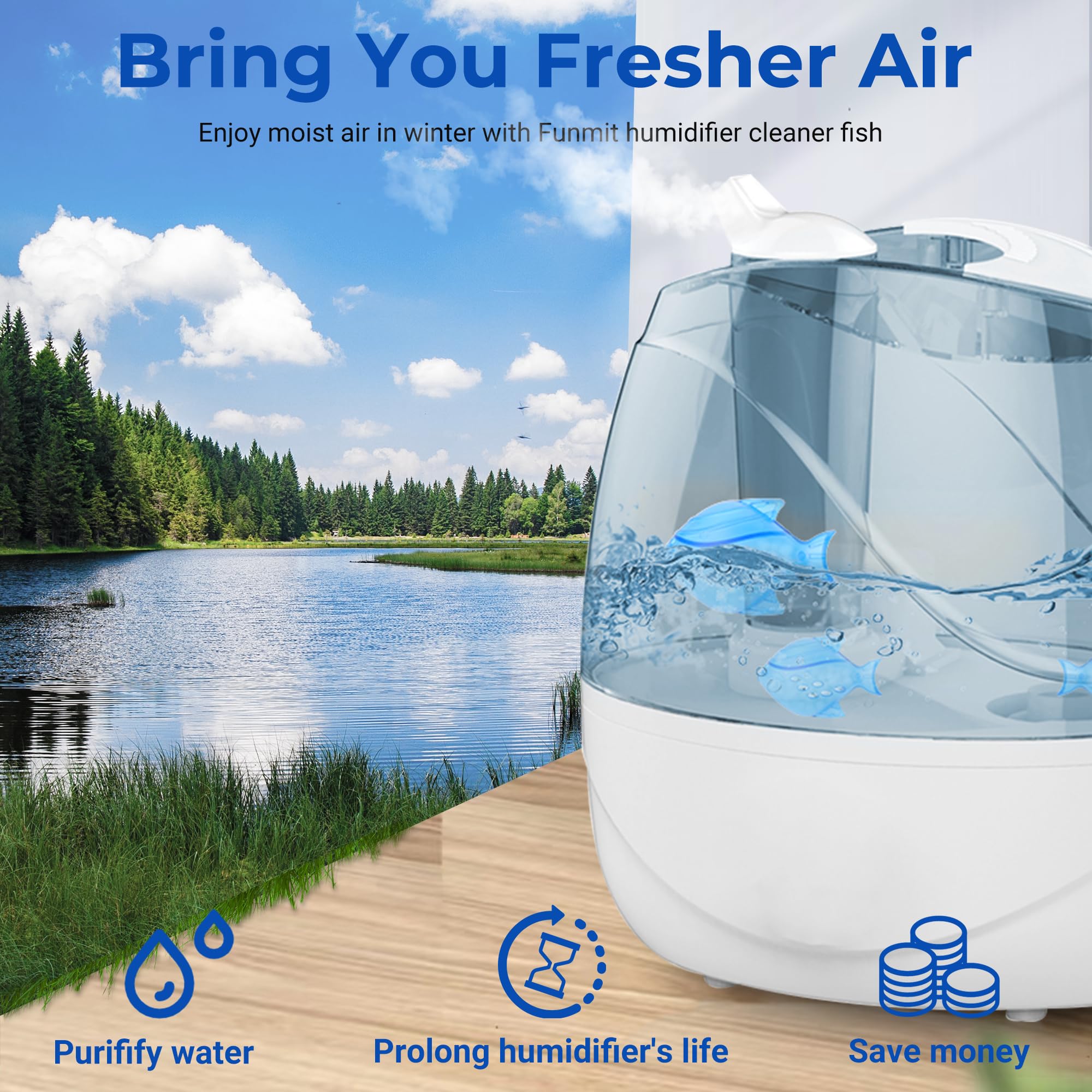 Funmit Humidifier Cleaning Fish, 6 Pack Humidifier Cleaner for Humidifiers and Fish Tanks, Purifies Water, Prevents Hard Water Build-Up, Reduces Scale, Blue