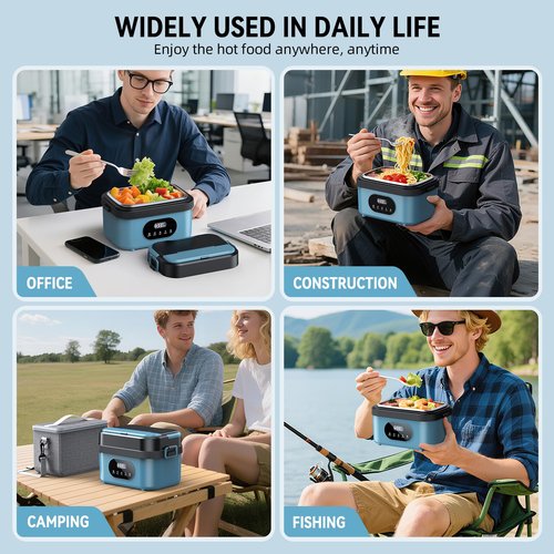 Cordless Electric Lunch Box for Adults, 18000mAh Rechargeable Portable Self-Heating Lunch Box Food Warmer, 1.5L(6 Cups) Container for Outdoor, Work, Office, Camping, Travel（Blue＆Black）