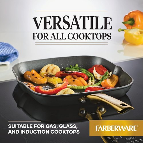 Farberware Forged Induction Ceramic Grill Pan - Nonstick, Dishwasher Safe, 11 Inch | Black and Gold