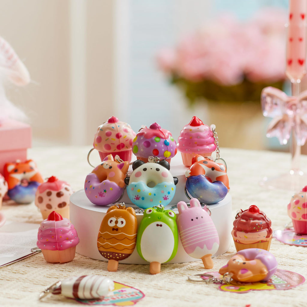 JOYIN 28 Packs Valentine Dessert squishy toys Stress Relief Keychains with Fun Dessert Cards, PU Donuts Squishy Toys, Cupcake & Popsicles Keychain, Slow-Rising Toy for Kids Classroom Gift Party Favor