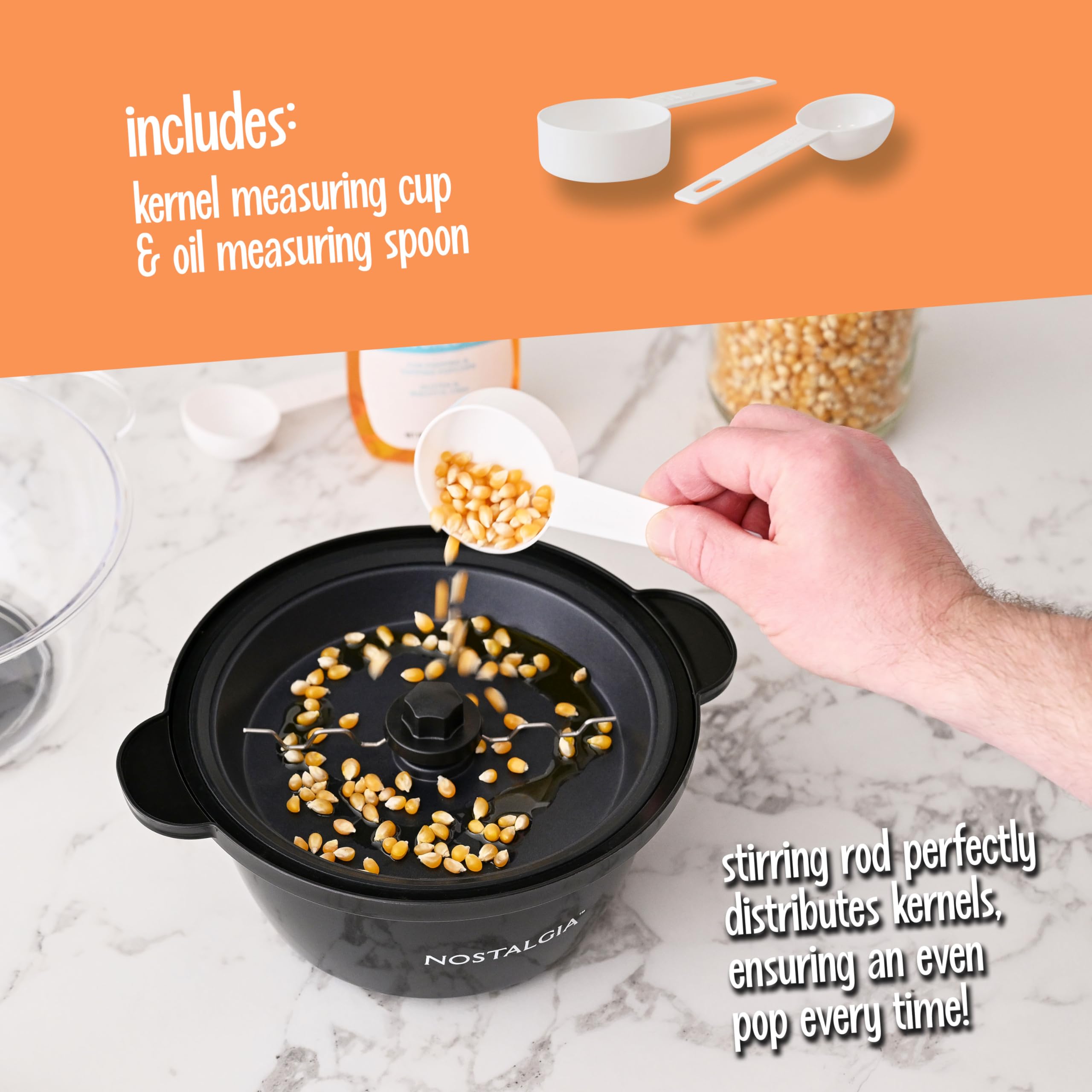 Nostalgia Non Stick Stirring Popcorn Maker for 8 Cups of Theatre Style Popcorn with Hot Oil - Dual-Use Lid & Serving Bowl - Quick Heat Technology & Cool Touch Handles - Ez Store - Black