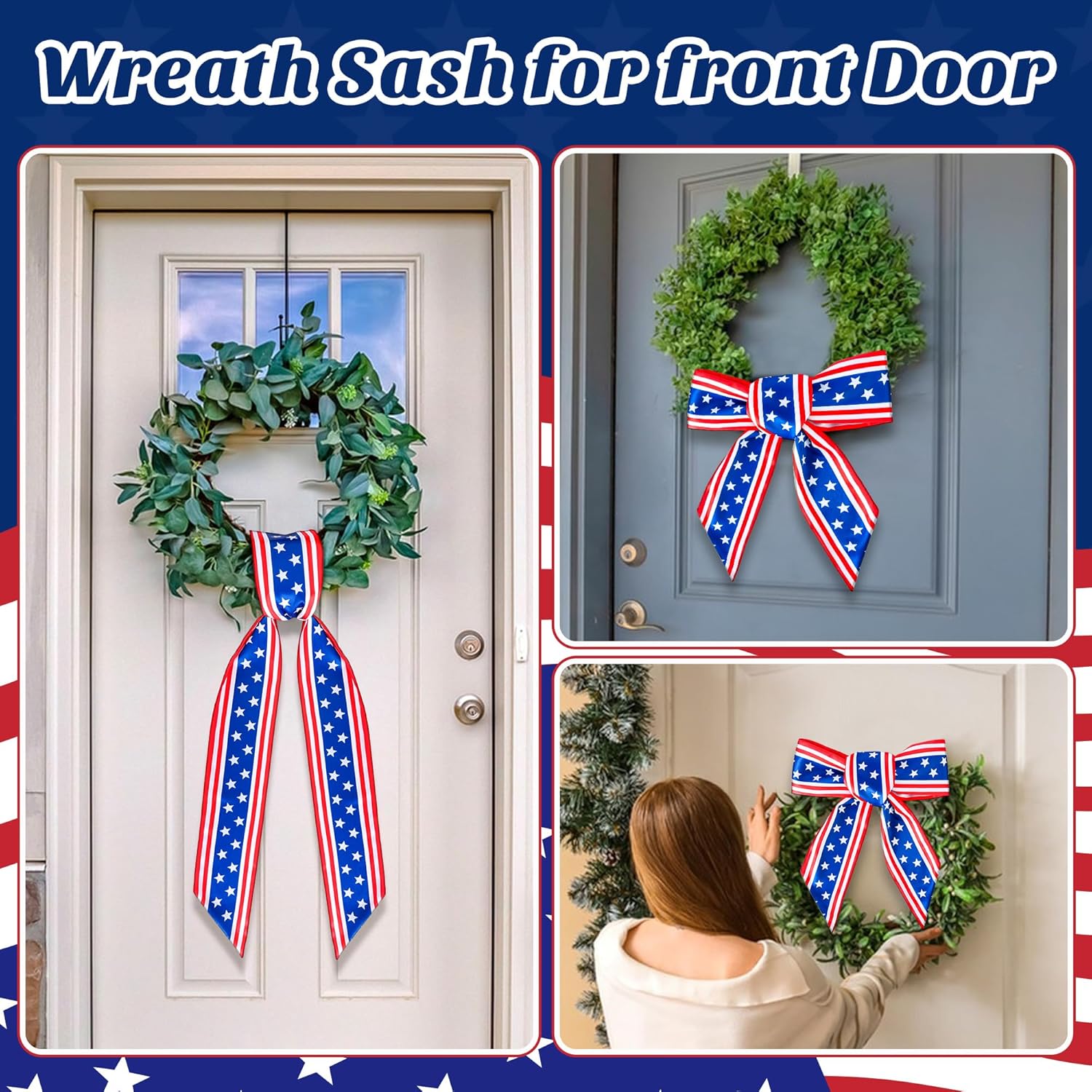 RunNico Patriotic Wreath Sash - 2 Pack Red, White & Blue 53" L x 3.4" W Satin Decor for 4th of July
