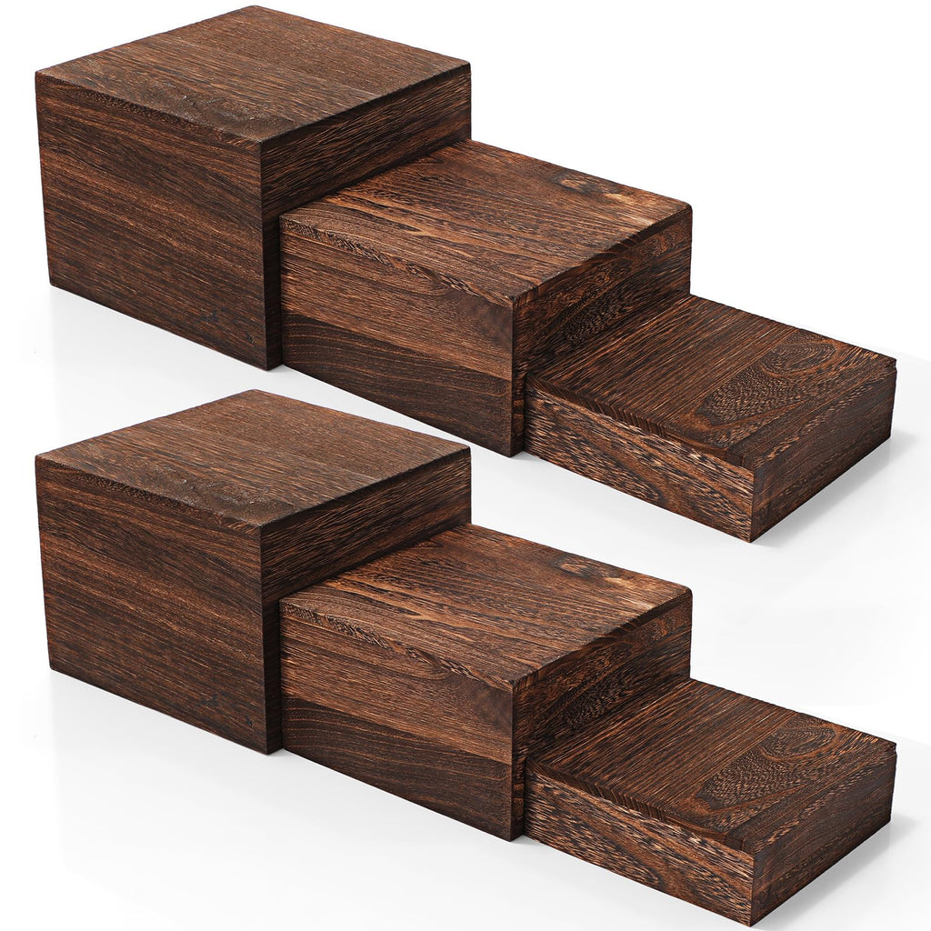 Barydat 6 Pcs Wood Display Risers Rustic Cupcake Stand Food Risers for Buffet Table Wooden Stackable Display Stand Box for Catering Dessert Collectibles Jewelry Figures Show(Burnt Wood Color)