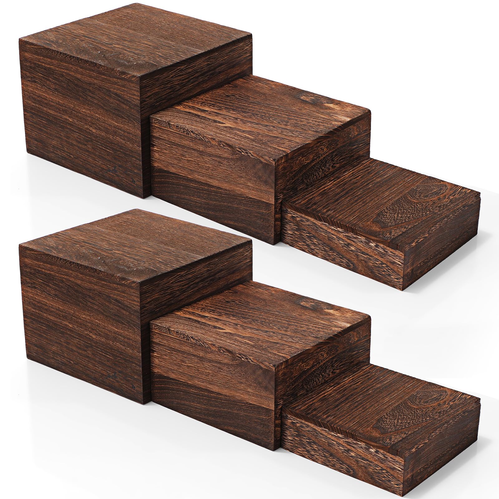 Barydat 6 Pcs Wood Display Risers Rustic Cupcake Stand Food Risers for Buffet Table Wooden Stackable Display Stand Box for Catering Dessert Collectibles Jewelry Figures Show(Burnt Wood Color)