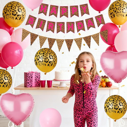 Pink Leopard Birthday Decorations, Gold Cheetah Print Animal Balloons Hot Pink and Heart Balloons, Cheetah Happy Birthday Banner for Safari Wild Birthday Baby Shower Jungle Theme Party Supplies