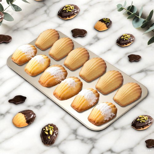 Shinsin Madeleine Pans Set of 2, Nonstick 12-Cavity Madeleines Mold Cookie Tray for Baking, Heavy Duty Warp Resistant Cute Shell Shape Madeleine Mold Cake Pan-Gold