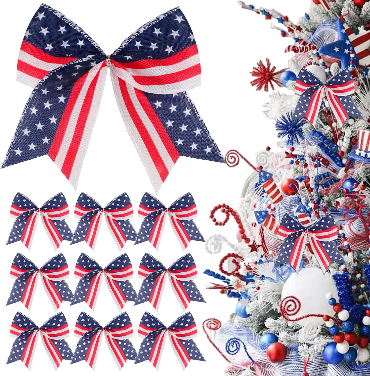 Regine Switzerland Patriotic Tree Bows - 12 Pcs 6-Inch Red, Blue & White Decorations for 4th of July & Memorial Day