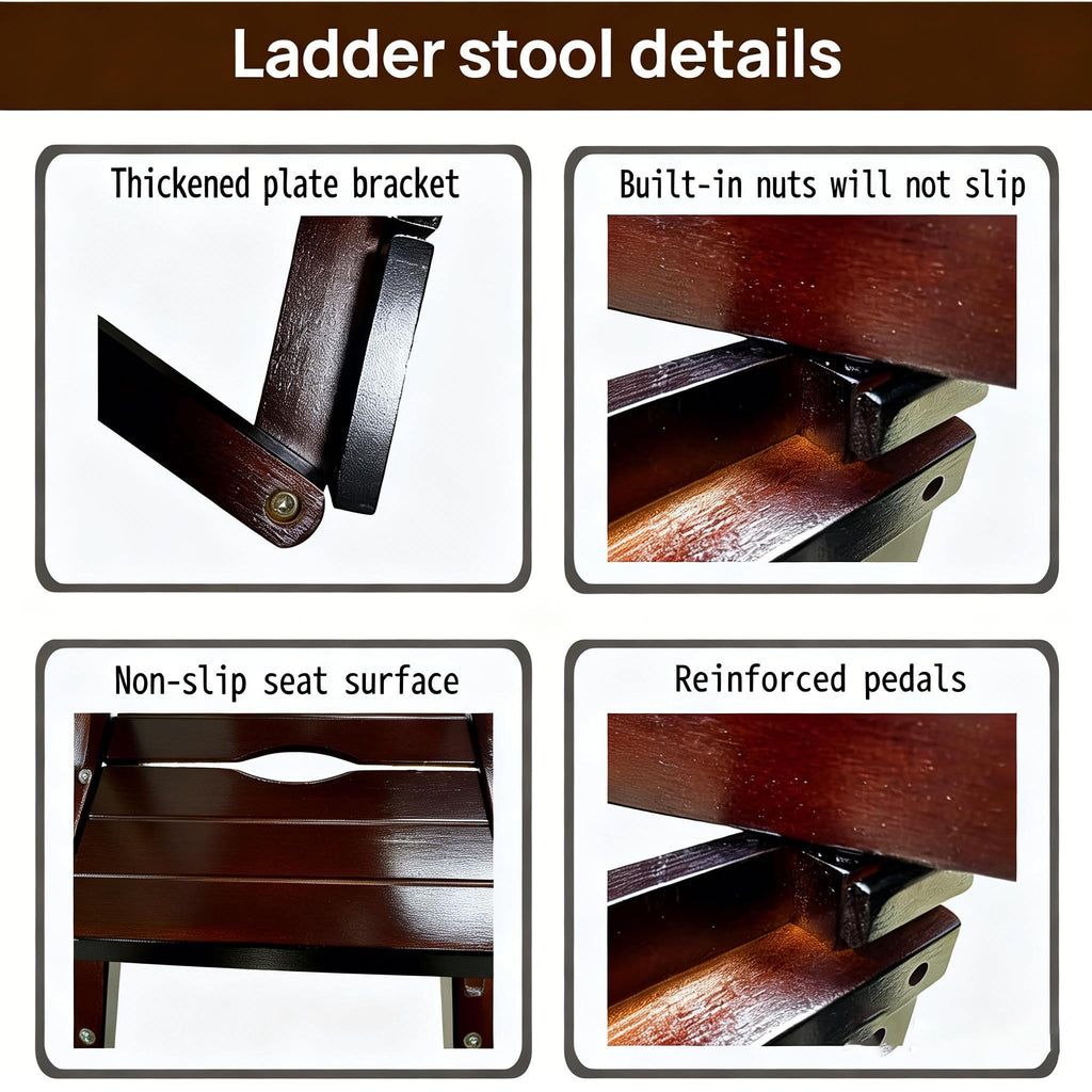 3-Step Ladder Stool, Wooden Folding Step Stool for Home & Kitchen, Solid Pine with Non-Slip Steps & Anti-Scratch Shoe Covers, 337lb Weight Capacity, Space-Saving, No Assembly Required (Walnut)