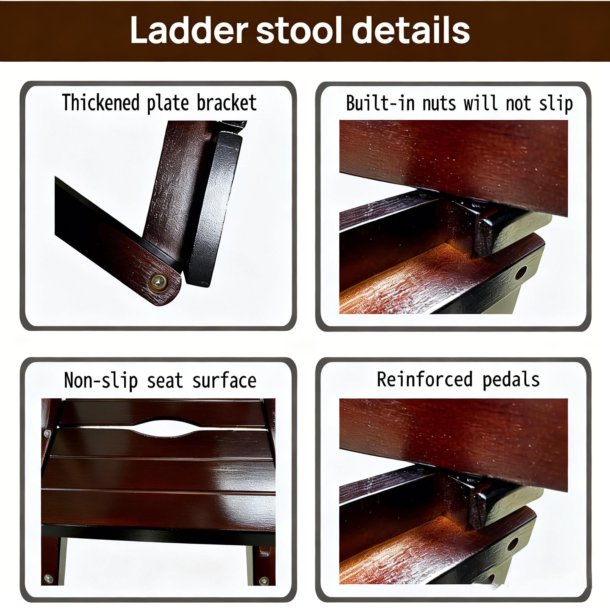 3-Step Ladder Stool, Wooden Folding Step Stool for Home & Kitchen, Solid Pine with Non-Slip Steps & Anti-Scratch Shoe Covers, 337lb Weight Capacity, Space-Saving, No Assembly Required (Walnut)