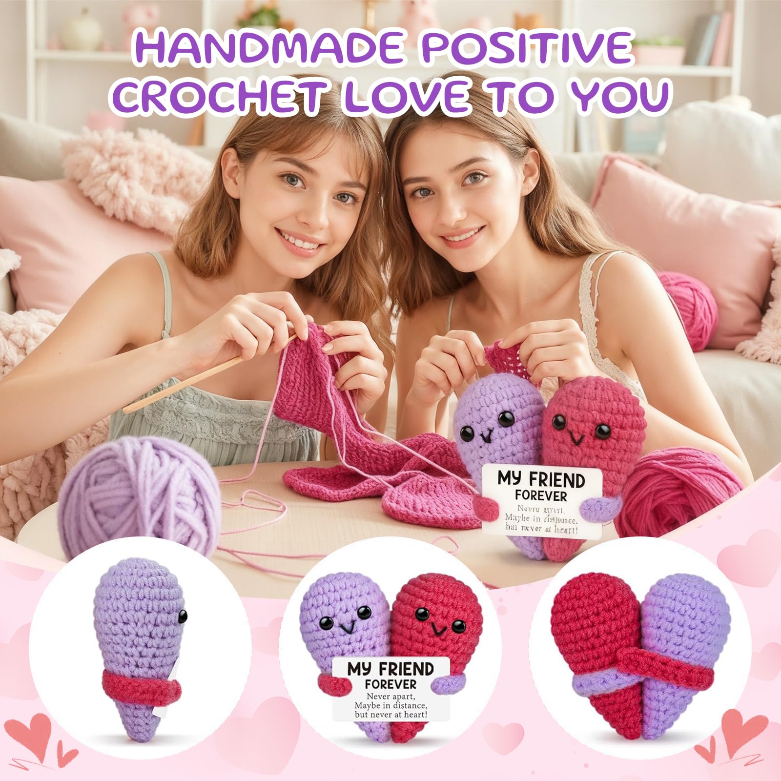 LemonRoad 4 Pack Valentines Galentines Day Friendship Gifts for Women 16 oz Glass Cup with Lid, Straw Brush, Heart Crochet and Keychain with Organza Bag Birthday Gift for Soul BFF Sister Bestie