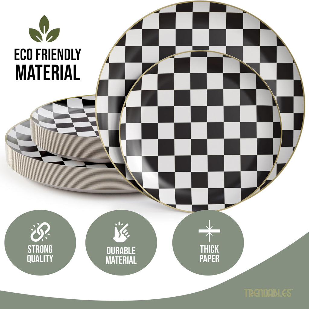 Trendables Heavy Duty Paper Plates Bulk 40 Pcs Disposable Party Plates - 20 X 8 Inch Dessert Plate & 20 X 10 Inch Paper Plate Checkered decor, black and white party decorations, race car decorations