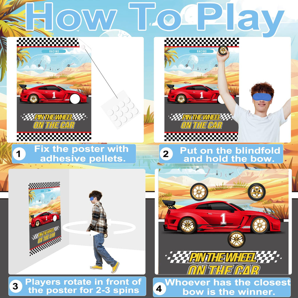 WNINK Pin The Wheels On The Car Games, Cars Party Games, Birthday Game with 30 Gold Tyres Stickers, 2 Blindfolds for Car Theme Birthday Party Racing Car Party Gifts
