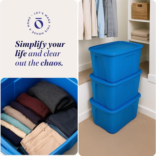 HOMZ 10 Gallon Durable Molded Storage Bins - Stackable Plastic Containers with Lids, Blue