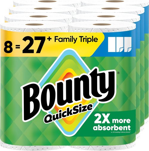 Bounty Quick-Size Paper Towels - White Family Pack | 8 Triple Rolls = 27 Regular Rolls