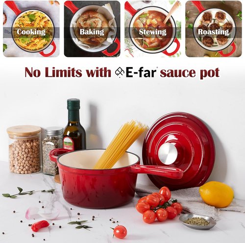 E-far Enameled Cast Iron Sauce Pan Set - 1Qt & 2Qt Heavy Duty Dutch Ovens with Self-Basting Lids | Induction-Ready, Easy Clean, Red