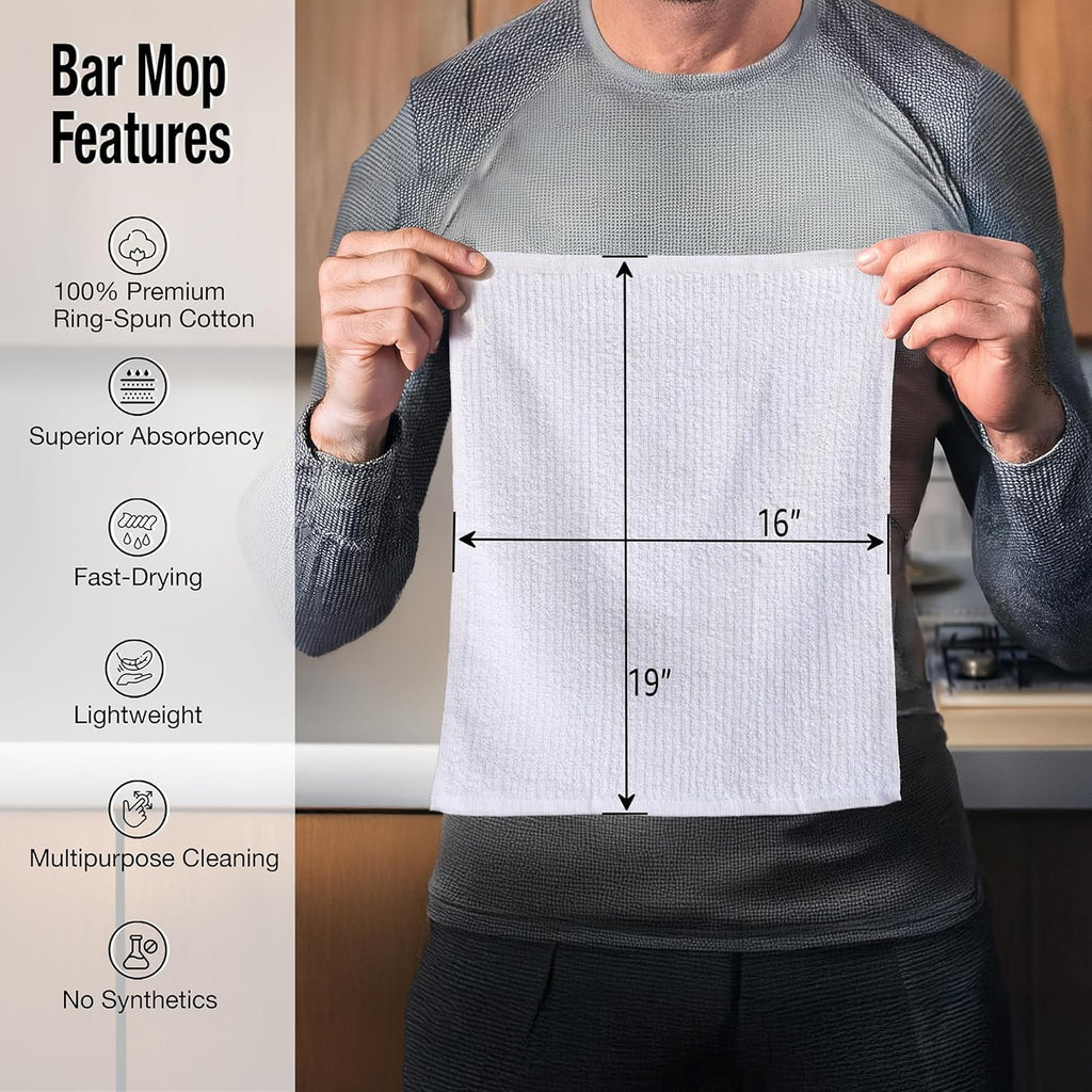 Living Fashions Bar Towels - Bar Mop Cleaning Kitchen Towels (36 Pack, 16" x 19”) - Premium Ring-Spun Cotton White, Restaurant and Shop Cleaning Rags