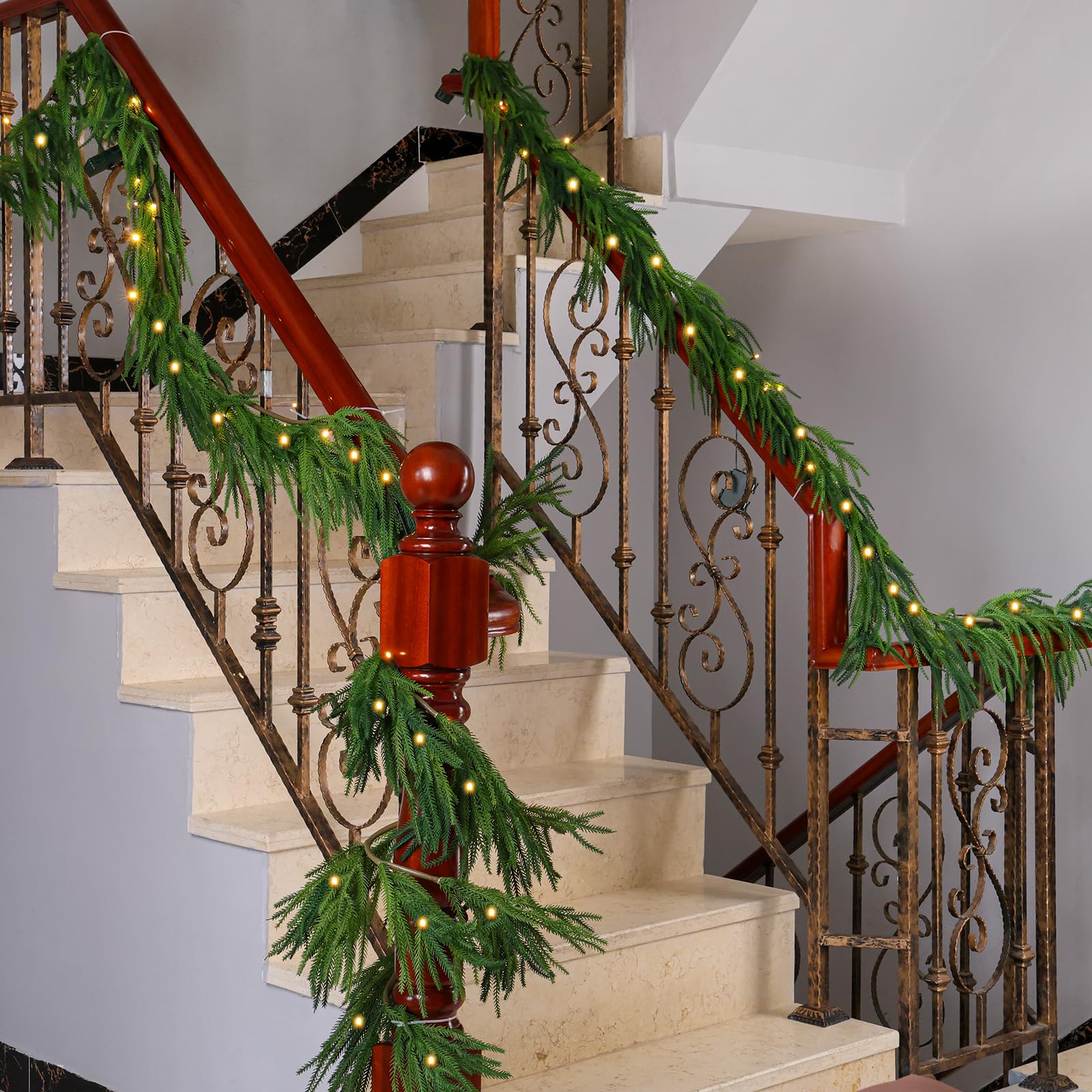 Pre-Lit Christmas Garland Decorations,9 FT Faux Led Norfolk Pine Garland Artificial Realistic, Real Touch Greenery Christmas Pine Garland for Mantle Table Front Door Indoor Outdoor Holiday Decor