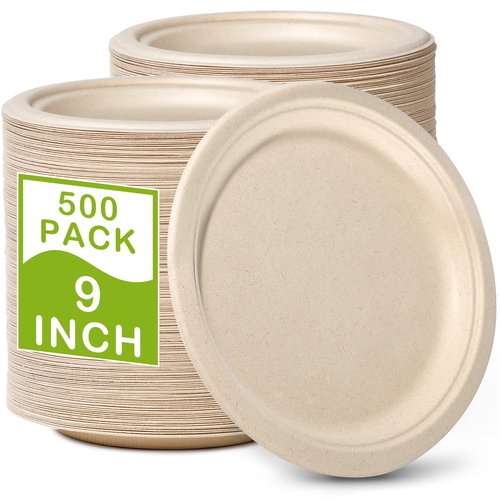 GREENESAGE 500 Pack Paper Plates 9 inch Bulk, 100% Compostable Disposable Plates Eco Friendly Recycled Heavy Duty, Brown