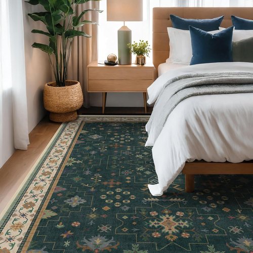 Hazo Haus Vintage Dark Green 6x9 Dining Room Rug - Washable Floral Low Pile Area Rug for Living Room