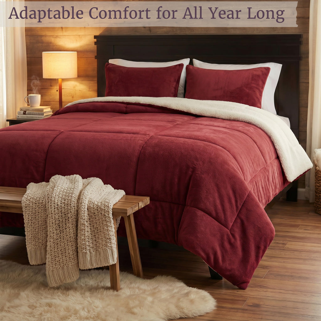 Lavish Home 3 Piece Sherpa/Fleece Comforter Set, King, Burgandy