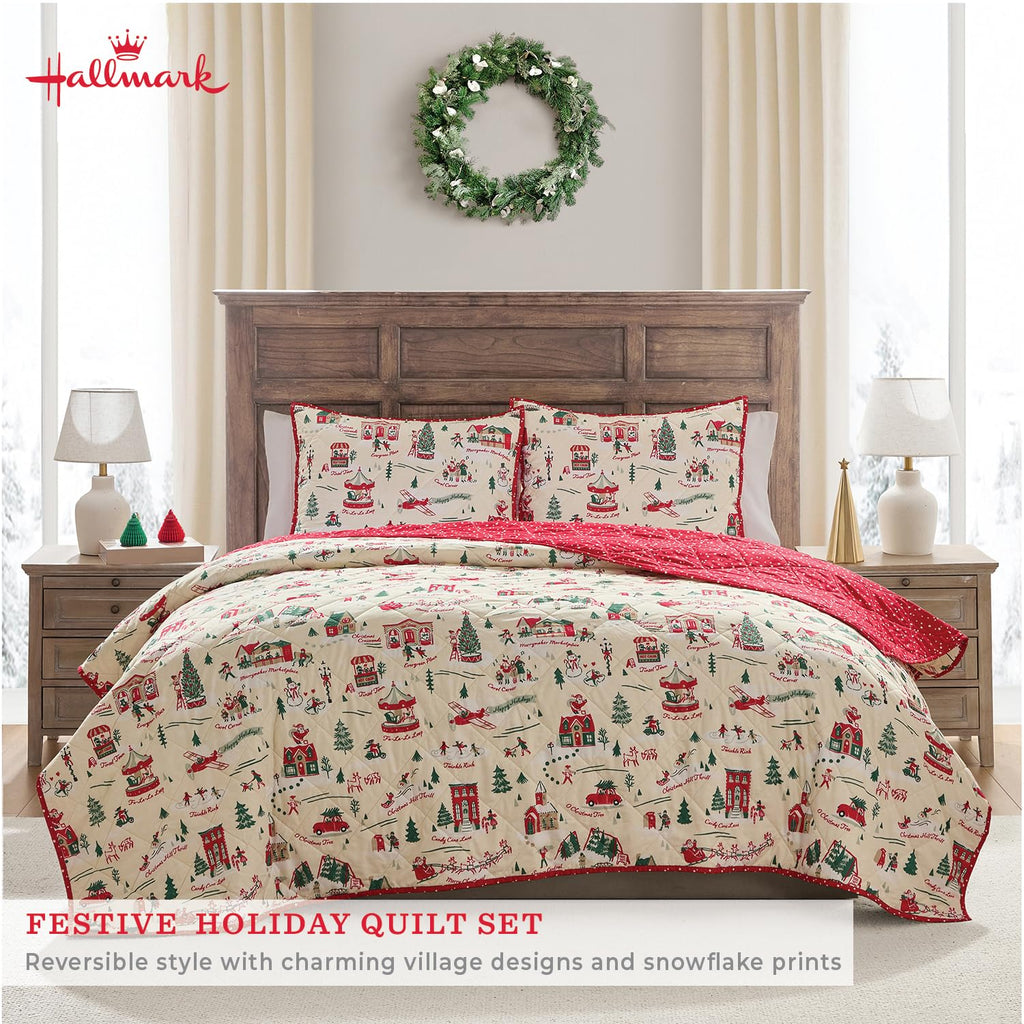Hallmark King Size 3-Piece Holiday Quilt Set with Shams | Reversible Quilt with 2 Christmas Patterns | Lightweight & Cozy | Super Soft Microfiber Fabric | Wrinkle-Resistant | Multi Christmas Village